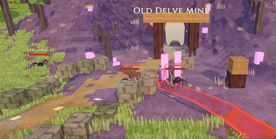 At the blighted mouth of the Old Delve Mine, a red telegraph sweeps across violet ground toward the player as blightlings close in.
