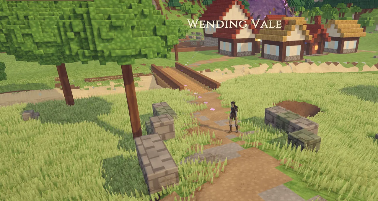 A stone path winds past fallen ward-stones to a wooden bridge and a village of red and thatched roofs. Behind it, a hillside has turned violet with blight.