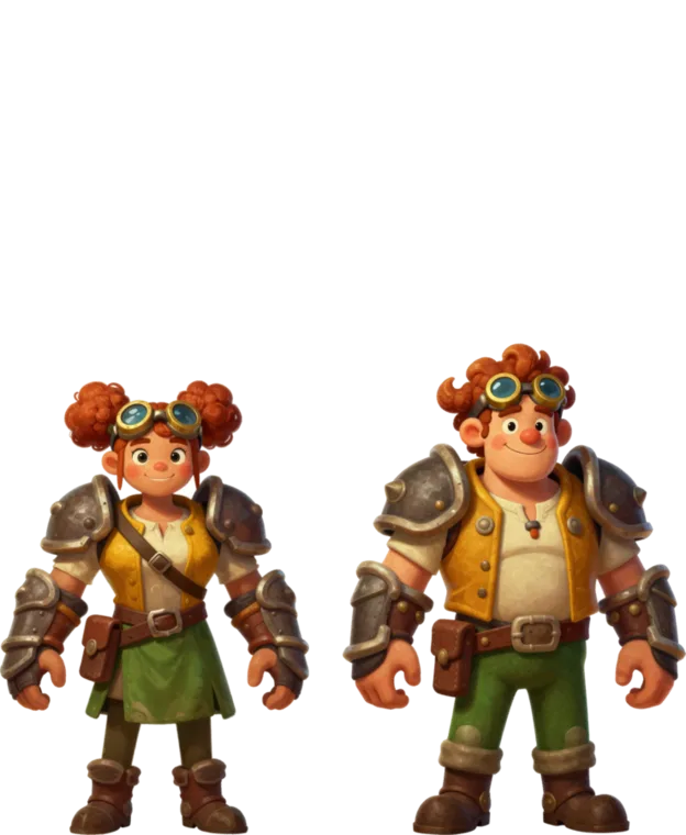 Concept art of a Smallfolk woman and man with goggles and red curls.
